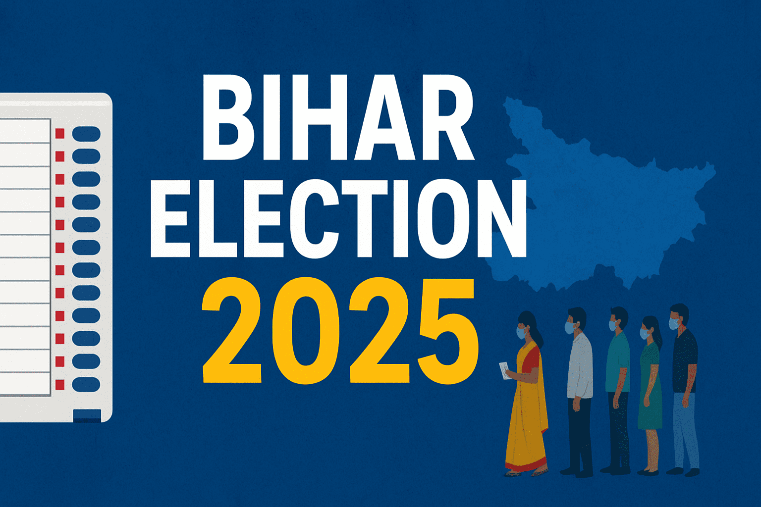 “Bihar Election 2025 News Banner featuring EVM, Bihar map, and voter queue